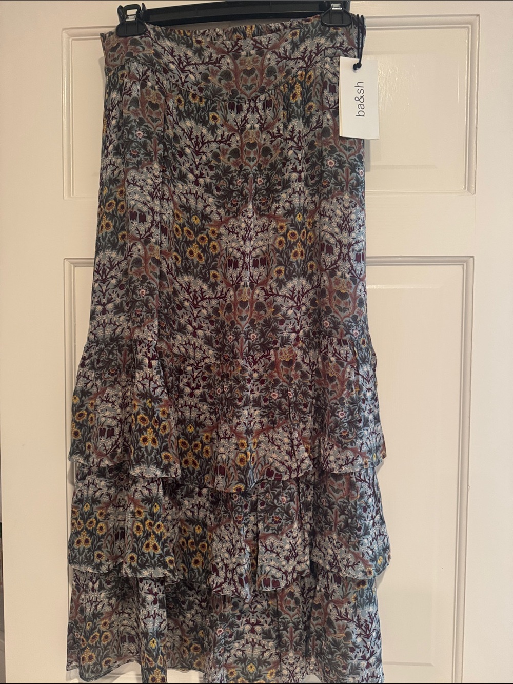 ba&sh Floral Tiered Maxi Skirt in Blue & Burgundy